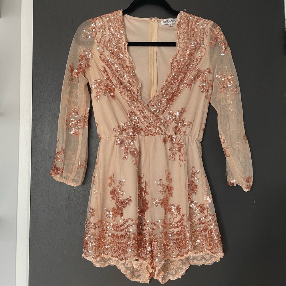 SHOWPO embellished long sleeve blush jumpsuit size 6